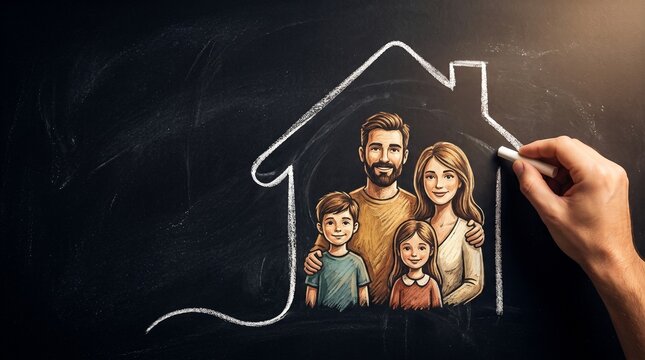 A hand drawing a chalk outline of a house on a blackboard, enclosing a happy cartoon family with two children.