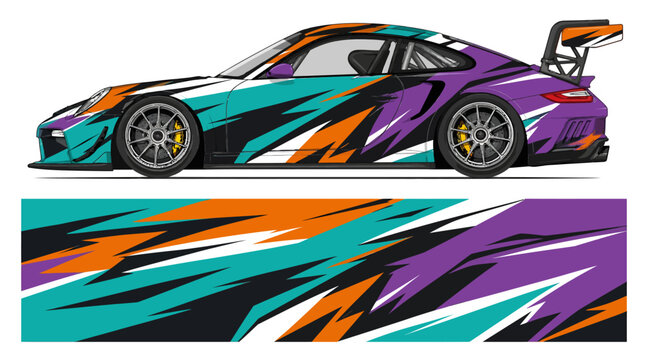 Colorful sports car with dynamic racing decal design.