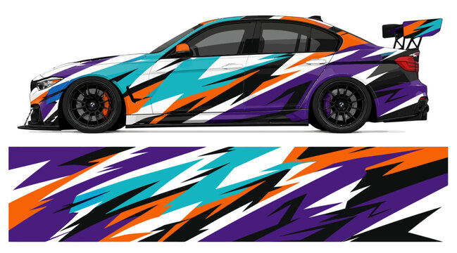Colorful racing car with dynamic abstract design wrap.