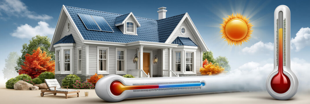 Air conditioner cooling snowy home in hot market concept. Air conditioner unit keeping a house cool while thermometer shows high temperature in a winter landscape