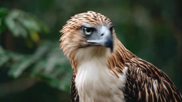 Close-up of majestic bird of prey with sharp hooked beak and piercing eye perched against lush green natural forest background in wildlife setting
