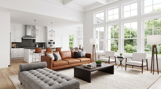 Modern living room and kitchen interior with natural light
