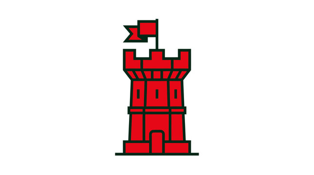 Red medieval tower with flag, illustration, simple style, white background