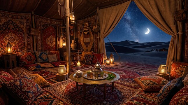 Bedouin tent interior with low tea table, brass service and patterned cushions; ornate rugs and lanterns glowing inside tent while desert dunes and crescent moon appear outside under starry night sky