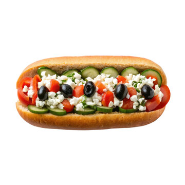 Mediterranean style hot dog topped with crumbled feta cheese black olives diced tomatoes and sliced cucumber for fusion cuisine menu concepts healthy fast food advertising and restaurant graphics