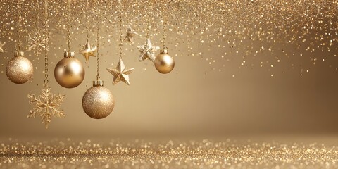 Fototapeta premium Gold christmas ornaments and stars hanging from with glitter