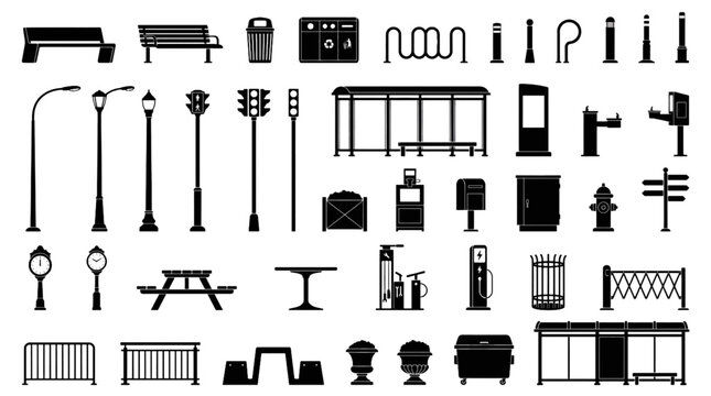 Side View Urban Street Furniture Vector Silhouette Set for Architectural Elevations Landscape Design and Public Space Planning