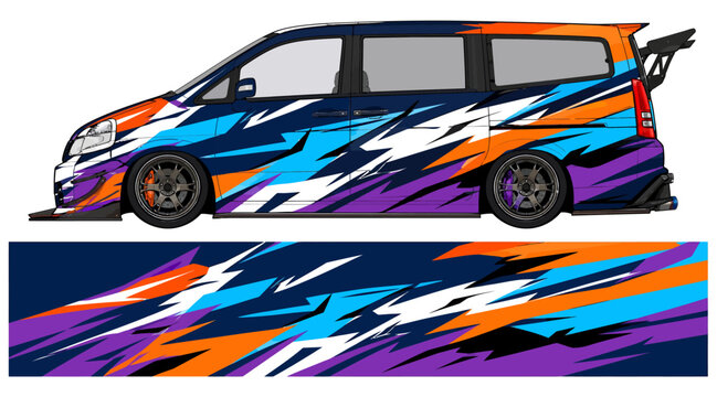 Colorful racing van with dynamic lightning graphics design.