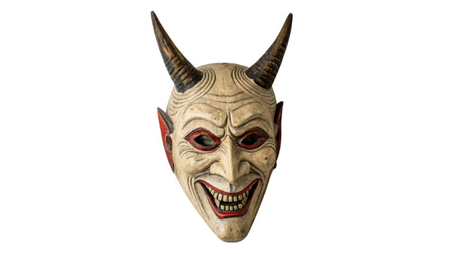 Spooky green devil krampus mask sculpture for halloween holiday isolated on transparent background