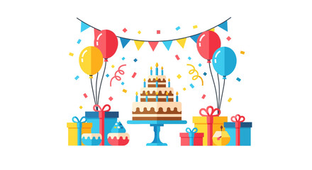Obraz premium Birthday cake with colorful balloons gifts.