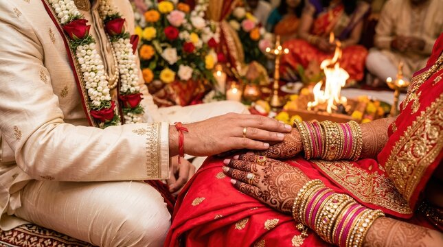 Groom in cream sherwani and bride in red sari holding hands at traditional indian wedding