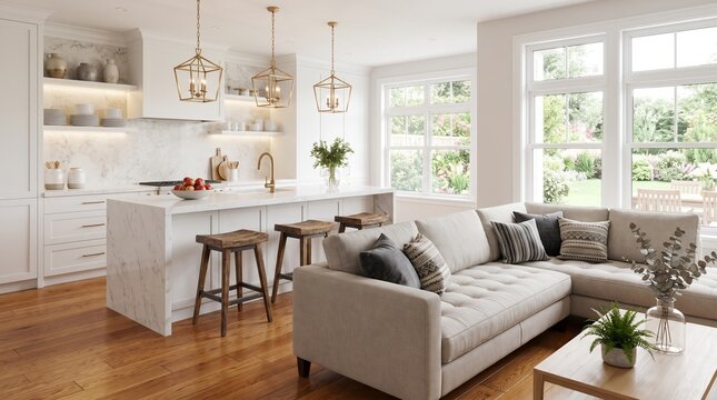 Modern living room and kitchen with natural light and comfortable furniture