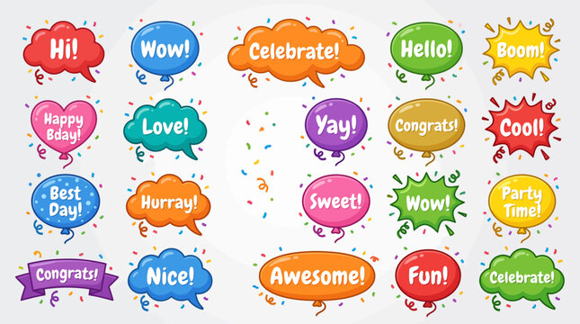 Collection of Colorful Speech Bubbles with Celebratory Words and Confetti.