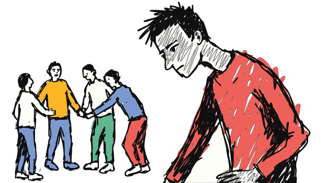 Sad man feeling lonely and excluded while a group of friends socialize in the background illustration depicting social isolation