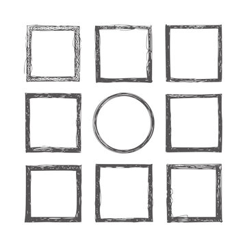 Hand drawn square and circle frames with rough textured borders