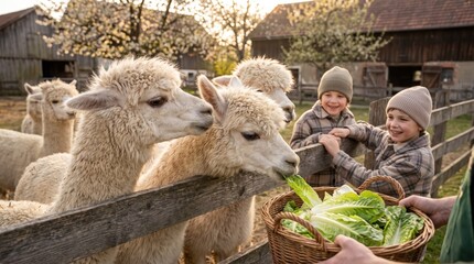 Fototapeta premium Group of alpacas eating lettuce from basket while children watch over wooden fence on rural farm in warm spring afternoon family feeding moment