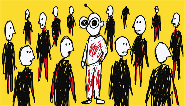 Hand drawn sketch of unique robot standing out in crowd of people representing AI integration and individuality