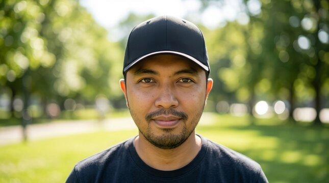 Mockup portrait of smiling man in black cap outdoors