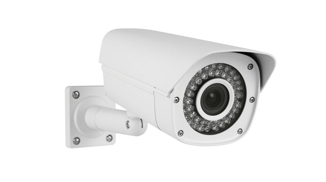 White security camera with infrared LEDs and mounting bracket