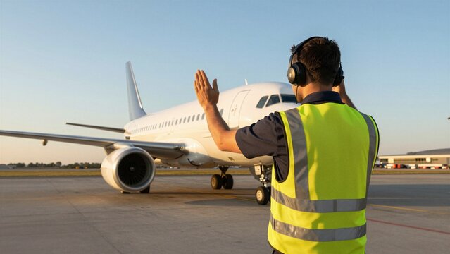 A ground crew member in a high-visibility vest signals to an airplane on the runway, guiding it safely. The scene captures professional airport operations against a clear sky backdrop.