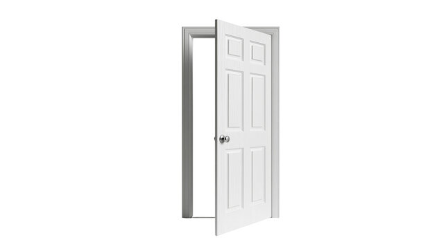 White six-panel interior door ajar with silver knob