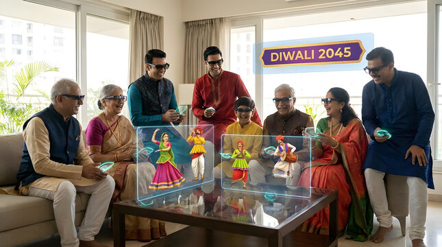 Generational Indian Family Celebrating Diwali with Augmented Reality Holographic Technology in a Modern Living Room Setting