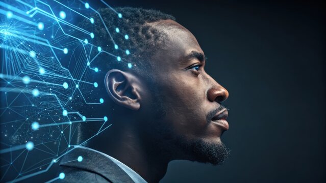 A man"s side profile merges with a digital neural network, symbolizing artificial intelligence and human-tech integration.