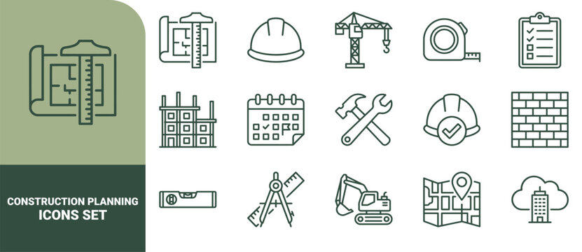 Construction planning and building project set featuring blueprints, hard hats, cranes, measuring tools, excavators, and site maps symbols