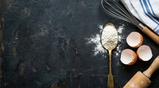 A golden spoon overflowing with white flour rests on a dark textured surface next to a whisk and egg.