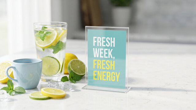 Fresh Monday Energy Still Life with Citrus Water, Mug and Motivational Card