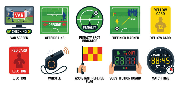 Football soccer referee icons set with VAR screen offside line penalty indicator red yellow cards whistle and substitution board