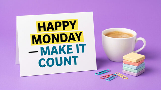Happy Monday Make It Count Quote with Coffee, Books and Colorful Stationery