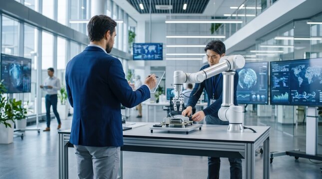 Engineers working with collaborative robotic arm in high tech laboratory, robotics engineering and innovation concept