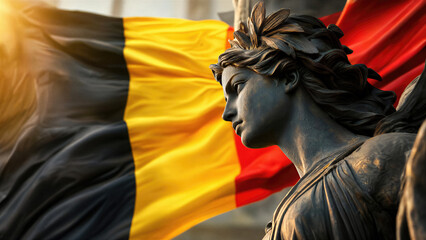 Woman statue profile with wavy hair and laurel wreath against waving flag of Belgium. National symbol and patriotic concept for Belgian National Day. Memorial monument architecture.