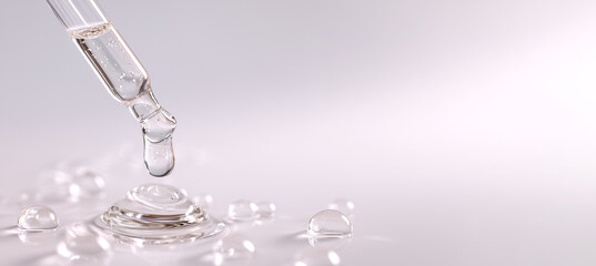 Plakat glass pipette with serum drop on light background