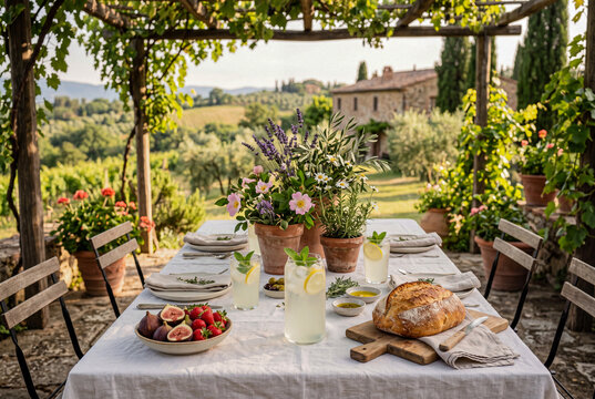 Beautiful summer lunch table served on an outdoor terrace of a country villa overlooking scenic green hills. Mediterranean vacation, gourmet outdoor dining and hospitality concept.
