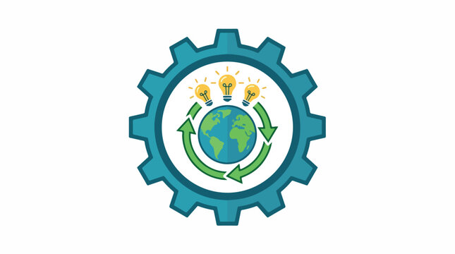 Eco gear emblem around a green Earth with leaves and sun, a sustainability logo symbol of eco friendly technology