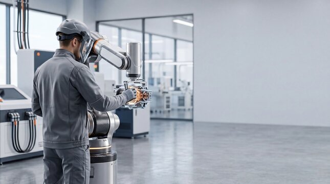 Engineer in safety gear working with robotic arm, industrial automation concept, future factory manufacturing, smart technology integration, human machine collaboration