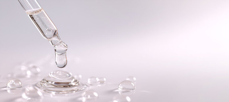 glass pipette with serum drop on light background