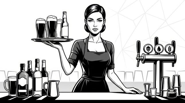 barmaid holding a tray of beer, surrounded by bottles, taps, and bar equipment sketch engraving generative ai fictional character vector illustration.