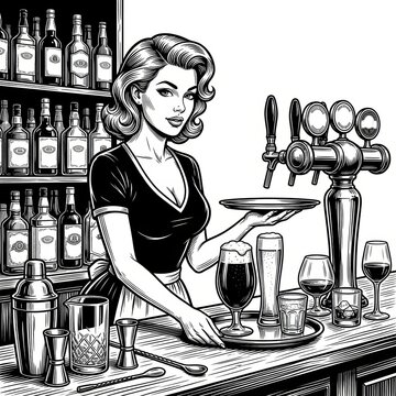 barmaid holding a tray of beer, surrounded by bottles, taps, and bar equipment sketch engraving generative ai fictional character vector illustration.