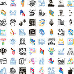 Fototapeta premium Variety of flat, linear, and color vector icons representing diverse concepts including education, social media, technology, medical services, and business operations for digital design