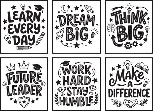 Motivational quotes, inspirational phrases, vector icons set, educational typography, black and white illustrations
