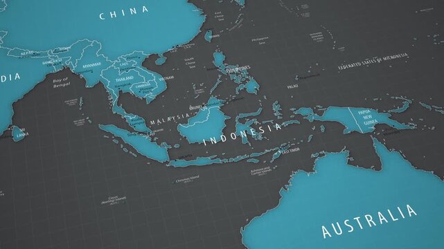 Indonesia on a detailed map of Southeast Asia. Smooth camera movement across the Asia-Pacific region.