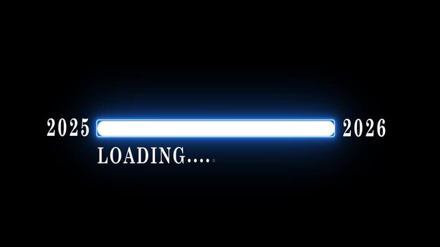 New year 2026 loading bar animation Year changing from 2025 to 2026. Loading bar from 2025 to 2026 new year transfer animation. Almost reaching New Year on black background.