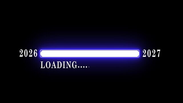 New year 2027 loading bar animation Year changing from 2026 to 2027. Loading bar from 2026 to 2027 new year transfer animation. Almost reaching New Year on black background.