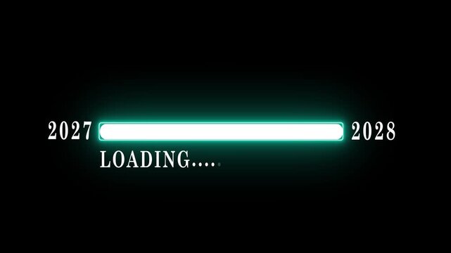 New year 2028 loading bar animation Year changing from 2027 to 2028. Loading bar from 2027 to 2028 new year transfer animation. Almost reaching New Year on black background.