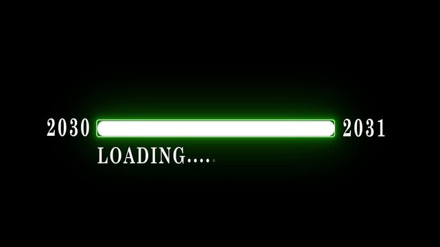 New year 2031 loading bar animation Year changing from 2030 to 2031. Loading bar from 2030 to 2031 new year transfer animation. Almost reaching New Year on black background.