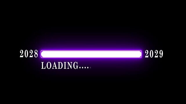 New year 2029 loading bar animation Year changing from 2028 to 2029. Loading bar from 2028 to 2029 new year transfer animation. Almost reaching New Year on black background.