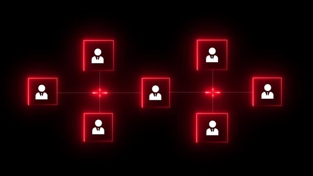 Neon line cubes with human icons connected by arrows and central cube with red check mark symbolizing teamwork and approval in network animation concept on a black background.